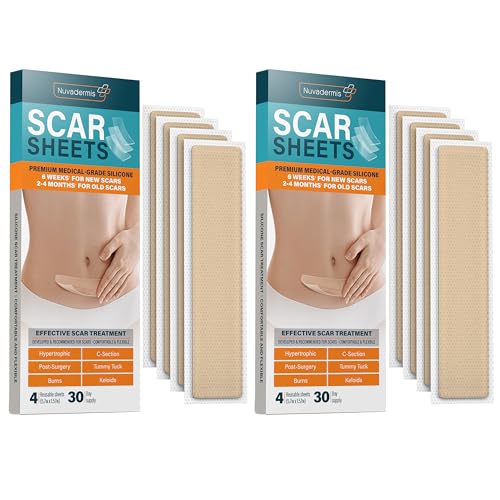 NUVADERMIS Silicone Scar Sheets ? Extra Long Medical-Grade Scar Sheets for C-Section, Tummy Tuck, Keloid, and Surgical Scars ? Reusable and Effective ? 2 Packs of 4-8 Total Sheets