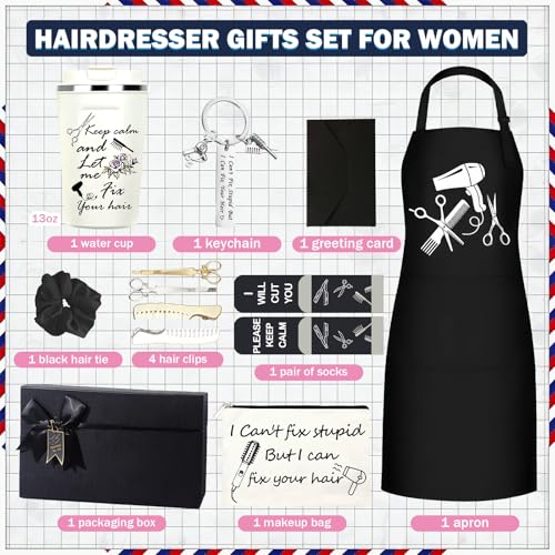 9 Pcs Hair Stylist Gifts for Women Hairstylist Hairdresser Box Apron Coffee Cup Cosmetic Bag Socks Hairpin Keychain Hairband Card Set Hairdresser for Female Inspirational Appreciation Birthday Gifts