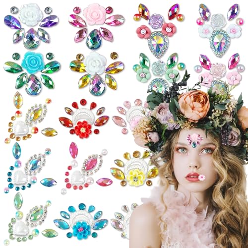 17Pcs Face Eyes Gems Tattoo Stickers 3D Flowers Rhinestone Crystal Pearl Mermaid Diamond Forehead Sticker Glitter Self Adhesive Eyeliner Makeup Decals for Women Girls Rave Festival Party