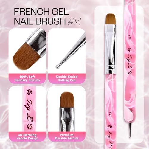 Ivy L Premium 2 Way French Gel Acrylic Nail Art Kolinsky Brush with Dotting Tool for Professional Manicure Cuticle Clean up Nail Art Design (Size # 14, Pink Marble)