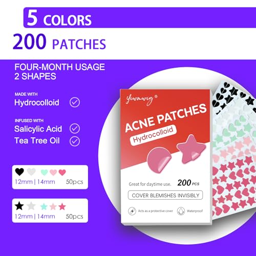 Star Pimple Patches for Face - Cute Heart & Star Hydrocolloid Acne Patches with Tea Tree & Salicylic Acid, 200 Count, 5 Colors, 4 Sizes (10-14mm), Ultra-Thin Spot Stickers