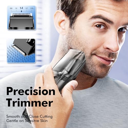 Advanced Vacuum Beard Trimmer for Men: Vacuum Mustache Trimmer with Precision Knob, Adjustable 20mm Length Settings, 2 Combs, IPX6 Waterproof-Rechargeable Vacuum Trimmer for Beard, Black