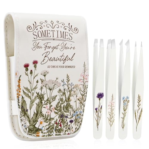 Personalized Tweezers Set for Women Facial Hair in Floral Travel Case, Small Self Care Inspirational Thoughtful Easter Gifts for Her Friend, Eyebrow Ingrown Hair Splinter Removal Grooming Kit