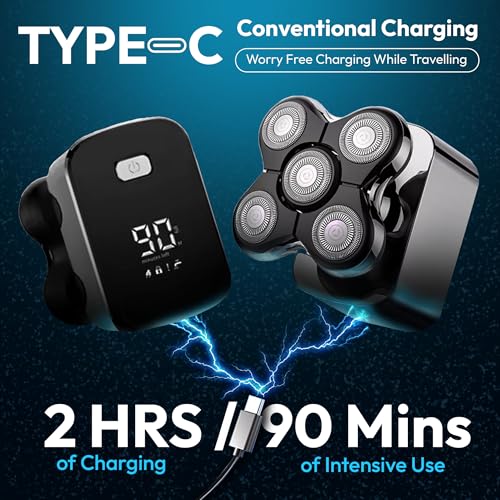 5D Electric Head Shaver for Bald Men - Waterproof Wet/Dry Razor - USB-C Fast Charging - 6 in 1 Grooming Kit with Beard, Nose & Face Trimmer - Cordless Rechargeable Bald Head Clippers