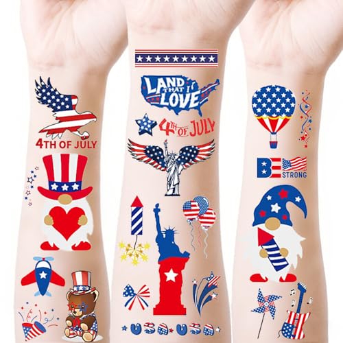 4th of July Decorations Temporary Tattoos - 70 styles | Red White and Blue Party Supplies, 4th of July, USA Flag, Memorial Day (Independence Day)