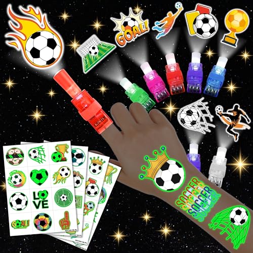 72 PCS Soccer Party Favors ? 48 PCS Luminous Tattoos & 24 PCS LED Finger Lights Combo ? Birthday Goodie Bag Fillers, Party Supplies, Gifts Light Up Toys Glow In The Dark for Boys and Girls