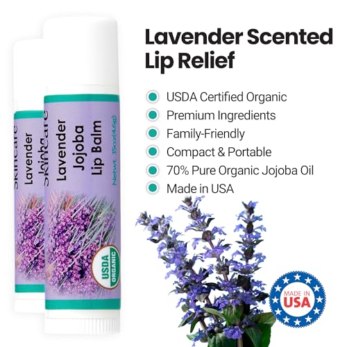 | USDA Organic Lavender Lip Balm ? 70% Jojoba Oil with Beeswax ? Natural Lavender Essential Oil ? Softens, Conditions & Protects Dry Lips ? 2-Pack (0.15 oz / 4.6 g Each)