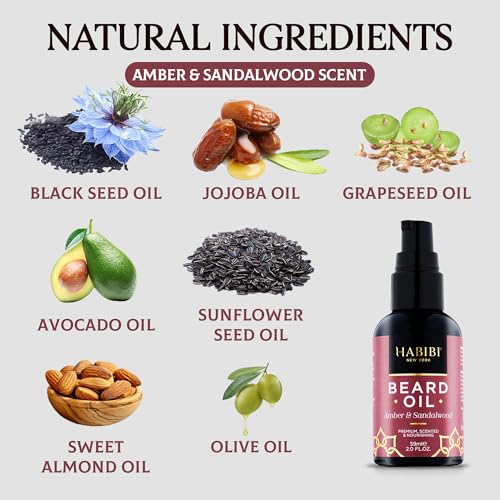 H HABIBI Amber & Sandalwood Beard Oil ? 2.0 Fl. Oz Naturally Derived Beard Growth Oil for Men, Beard Care Essential ? Hydrates, Nourishes & Promotes Healthy Growth, Made in USA