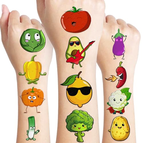 100 PCS Funny Vegetable Temporary Tattoos Sticker for Kids Avocado Corn Pumpkin Birthday Party Decorations Supplies Favors Celebration Gifts Boys Girls Baby Shower Cute Tattoo School Reward Themed