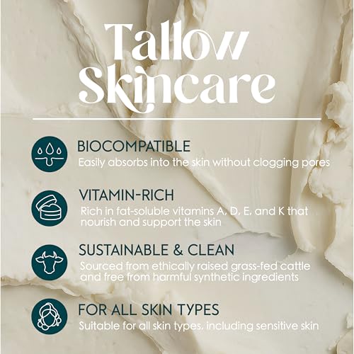 Beef Tallow Balm Face and Body Moisturizer for Sensitive Skin | Made with Grass-Fed Beef Tallow, Organic Pomegranate, Jojoba, and Castor Oil | Unscented 4 oz