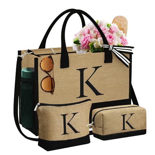 YOOLIFE 3 Pcs Initial Jute Tote Bag & 2 Pcs Initial Makeup Bag Personalized Gifts for Women Teen Girls