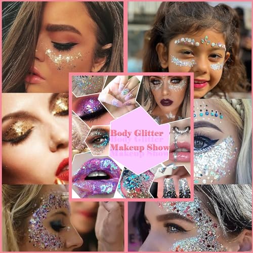 Body Glitter Face Glitter Gel: Singer Concerts Disco Festival Rave Accessories Face Glitter Makeup Chunky Sequins Mermaid Face Body Hair Glitter Gel (White&Silver&Pink&Gold&Blue&Purple&Rose)