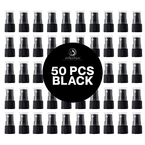 uh*Roh*Muh 20-410 Fine Mist Spray Caps (Pack of 50) Black - Neck Size Ribbed Skirt Spray Bottle Tops Replacement - Perfect for Hair, Skincare and Cleaning Solutions, Clear Plastic Overcap Included