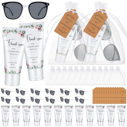 12 Sets Mini Sunscreen and Sunglasses Bulk for Wedding Party Spf30 Water Resistant Sunscreen Lotion Bulk 1oz Travel Size for Thank You Gifts Wedding Party Supplies (Floral)