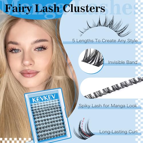 KEVKEV Fairy Lash Clusters Kit Manga Lash Extension Kit Invisible Band Spiky Lash Clusters Eyelash Clusters Kit with Lash Bond and Seal Lash Tweezers(Fairy Kit-8-18mix)