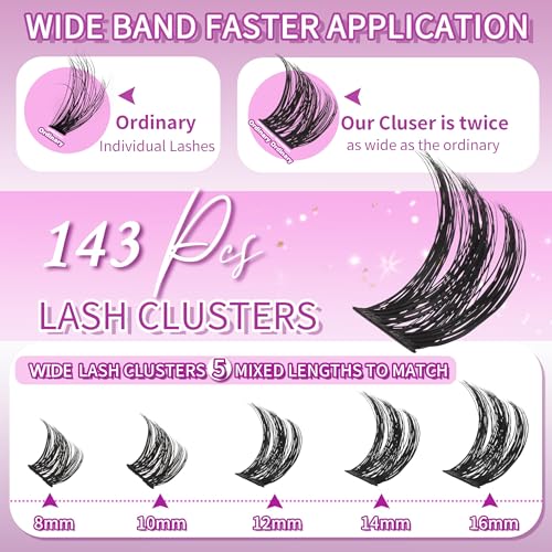 Lash Clusters 8-16mm Wispy Cluster Eyelash Extensions 143 PCS D Curly Volume Lash Clusters Wide Band Individual Lashes False Eyelashes DIY at Home Beginner Friendly, by Anforlin