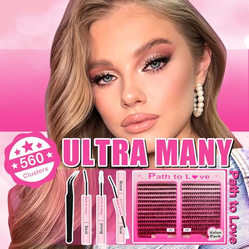 560pcs Lash Clusters Kit with Bond,Seal and Tweezers, Eyelash Extensions 9-16mm, D Curl, 30D+40D Natural Wispy Cluster False Soft Individual Lashes