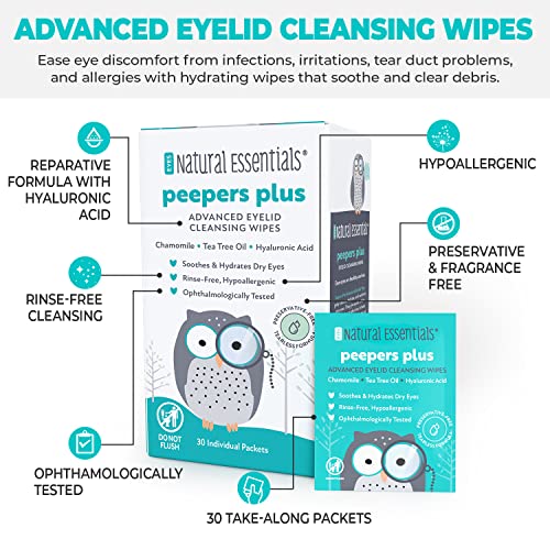 Peepers Plus Eyelid Wipes by Natural Essentials, Preservative-Free & Rinse-Free Eye Wipes for Daily Use, Hydrating & Moisturizing Hyaluronic Acid & Tea Tree Oil Soothes Allergy Dry Eyes, 30 Count