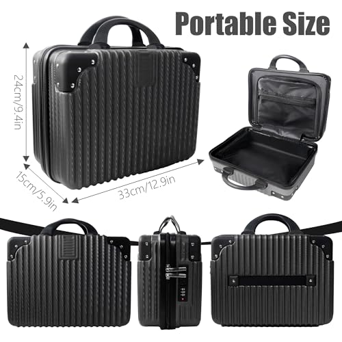 14 Inch Portable Makeup Travel Case Hand Luggage, Pressure-proof Carrying Makeup Case Suitcase with Elastic Band, Small Hard Case Toiletry Bag for Travel Camping Women Girl-Black