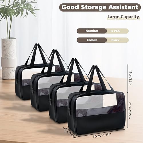 Large Clear Toiletry Bags for Traveling, 4Pcs Waterproof Clear Travel Bags for Toiletries Women Men, Travel Toiletry Bag Set, Transparent Makeup Cosmetic Bag, Black