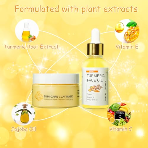 Turmeric Clay Mask & Serum Skincare Kit, Vitamin C Deep Cleansing Overnight Face Mask for Pores, Turmeric Face Oil for Dry Skin
