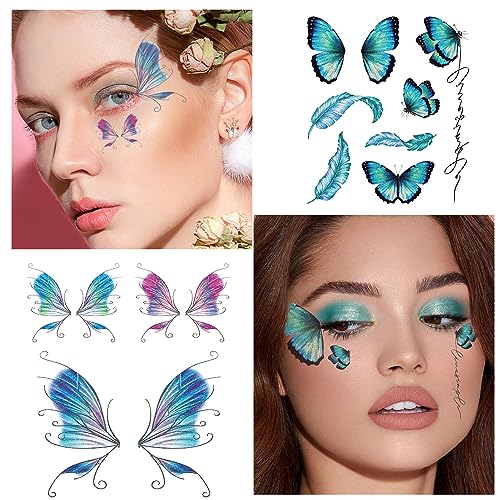 Konsait 12 Sheets Glitter Butterfly Temporary Tattoos for Women Kids Butterfly Face Sticker Glitter Tattoos Temporary for Girl Fairy Eye Makeup for Women Princess Fairy Party Favors