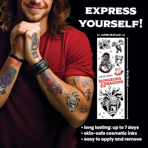 Savvi - 7 Dungeons & Dragons Temporary Tattoos: Skin-Safe Ink, Great for Parties and Everyday Wear, Gifts for Teens and Adults, Made in the USA [2 sheets, 7 count]