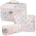 Makeup Bag Set, Quilted Makeup Bag, Large Floral Cosmetic Bag for Women, Cute Cotton Makeup Bags, Flower Travel Toiletry Organizer Bag (Folk Style)