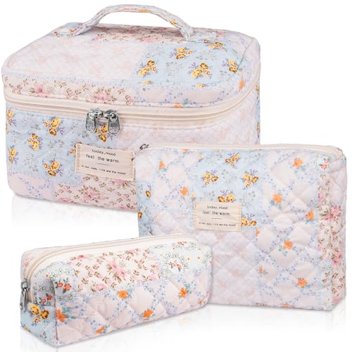 Makeup Bag Set, Quilted Makeup Bag, Large Floral Cosmetic Bag for Women, Cute Cotton Makeup Bags, Flower Travel Toiletry Organizer Bag (Folk Style)