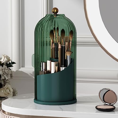 Makeup Brush Holder with Lid 360 Rotating Clear Dustproof Make Up Organizers for Vanity Bathroom Countertop, Green