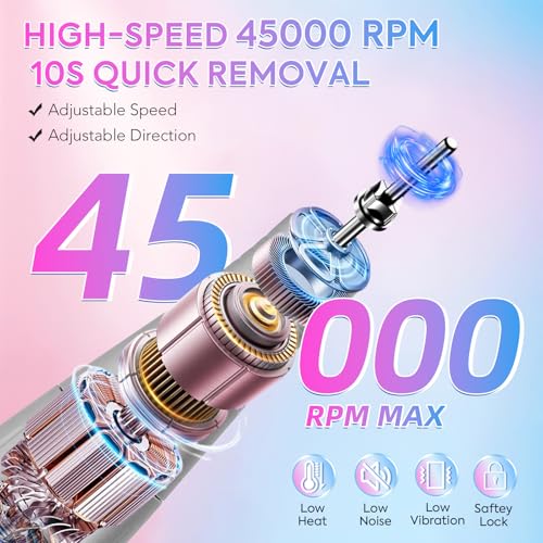 Electric Nail Drill Professional 45000RPM, Portable Cordless Nail File for Acrylic & Gel Nails, Rechargeable E-File Machine with 7 Drill Bits, 56 Sanding Bands & Base, for Salon or DIY Home (Gradient)