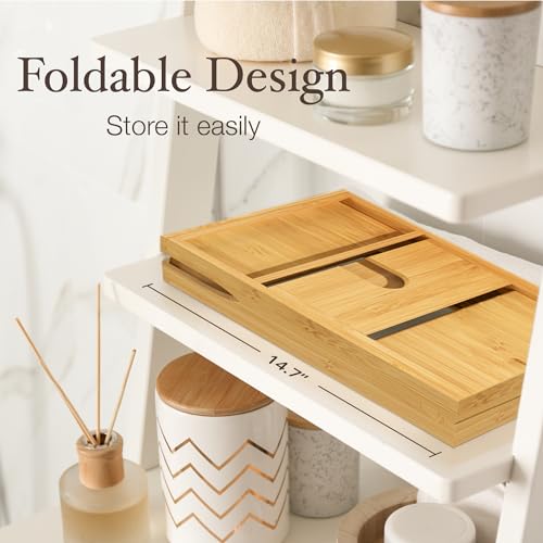 Wooden Bathtub Tray - Foldable Expandable Bamboo Bath Tray for Tub with Wine Holder, Book & Tablet Stand - Bath Caddy for Bathtub, Spa Bath Accessories for Women, Tub Tray Table, Gift for Her or Him