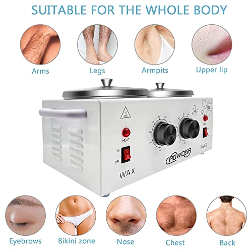 Professional Waxing Kit Wax Warmer Double Pot Wax Heater Machine for Hair Removal, Large Waxing Pot for Spa Salon Beauty Esthetician Home, with Adjustable Temperature Set, 50 Stick & 20 Collar(White)