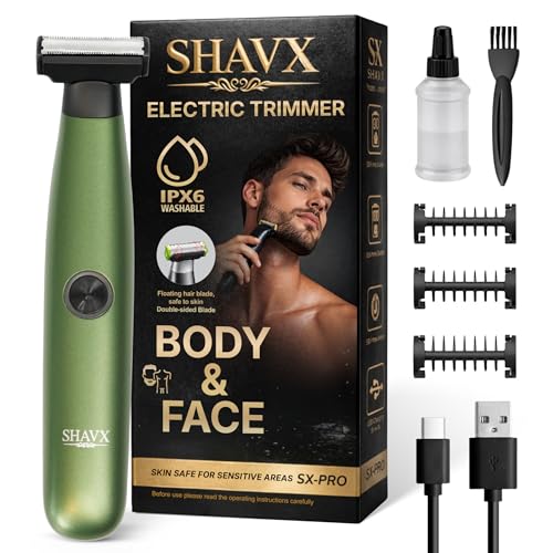 Electric Body Hair Trimmer & Beard Shaver for Mens ? Skin-Safe Dual Blade Groomer for Sensitive Areas, Chest, Legs, Pubic & Groin Hair ? Wet/Dry Waterproof, Rechargeable, with 3 Guide Combs.