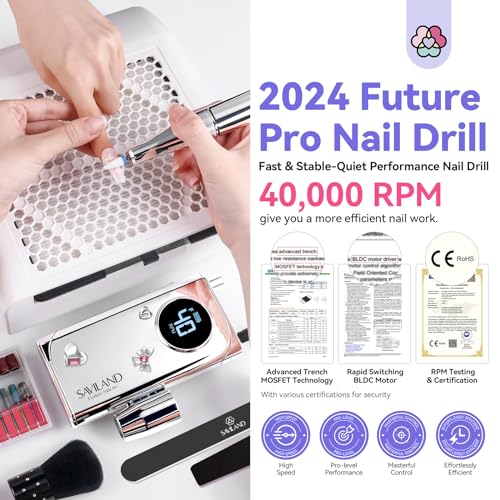 SAVILAND Professional Electric Nail Drill : 40000RPM Portable Nail Drill Kit E File with Drill Bits Rechargeable 6000mAh for Acrylic Gel Nails for Salon Home, Y2K