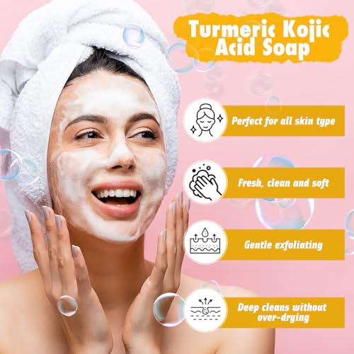 Lemon Kojic Acid Soap, Lemon Turmeric Bar with Vitamin C for Face, Body Hands, Turmeric Soap for Dry Sensitive Skin 2 Bars