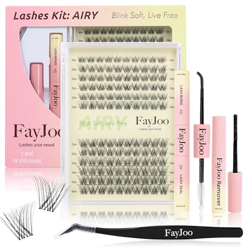 Natural Wispy Soft Lash Clusters Kit with 0.05mm Invisible Band, C Curl 8-16mm, DIY Salon Eyelash Extensions with Bond Seal Remover Tweezer, FayJoo AIRY 11 Kit