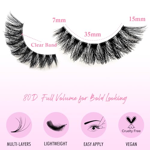 Lashes False Wispy Eyelashes Natural Volume Cat Eye Lash Strips Thick Fake Mink Eyelash Pack Natural Looking Fluffy Full Strip Lashes Set Clear Band Easy Eyelashes for Beginners
