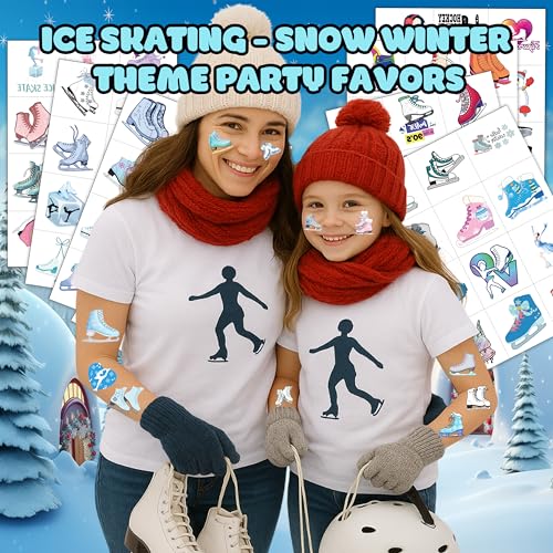 96PCS Ice Skating Temporary Tattoos Stickers Pre-Cut for Kids Girls Boys ? Winter Holiday Birthday Party Favors, Snowflake Skater Party Decorations, Supplies, School Gifts Rewards