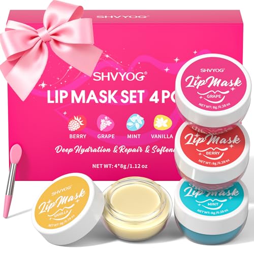 4 Pack Lip Mask Set, Hydrating Lip Mask Overnight - Berry, Grape, Mint, Vanilla Flavors, Lip Sleeping Mask Nourish Lip Balm with Vitamin C & Shea Butter | Dry Lips Care Gift