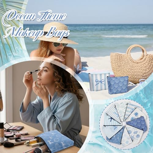 10 Pcs Ocean Themed Cosmetic Bags Bulk Zipper Pouch Makeup Bag for Women Girls Sea Weekend Travel Vacation Trip Gifts Supplies Nautical Party Favors Beach Accessories