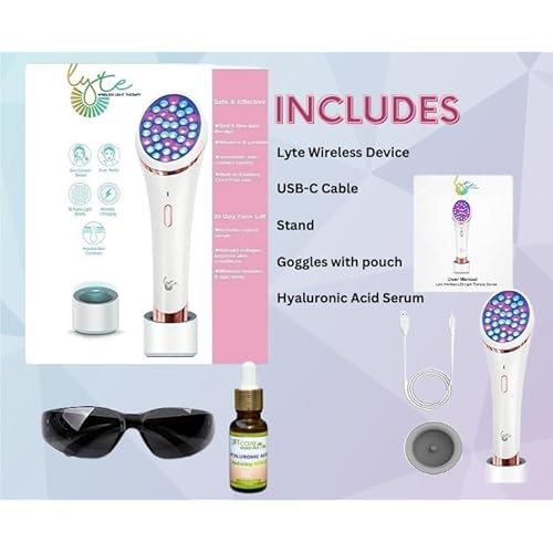 Lyte Wireless DUO Red & Blue LED Light Therapy for Face includes Hyaluronic Serum Automatic Red and Blue LED Light Therapy Anti-Aging Wrinkle Reduction Device, White