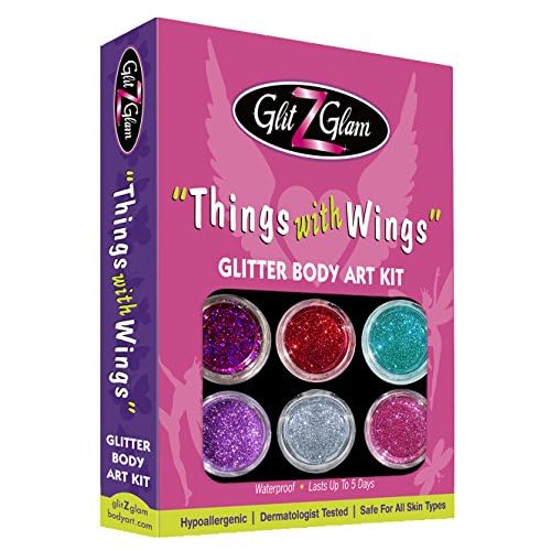 Glitter Tattoo Kit THINGS WITH WINGS - HYPOALLERGENIC and DERMATOLOGIST TESTED! - with 6 Large Glitters & 12 Stencils for Temporary Tattoos