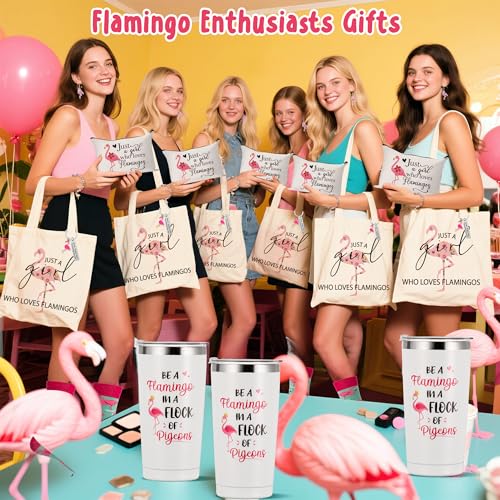 Y1tvei Flamingo Canvas Bag Gifts - 11Pcs Just A Girl Who Love Flamingos Canvas Tote Bag Makeup Pouch, Thermos Cup Stockings Pink Bracelet Card Adorable Earrings Keychain, Flamingo Lover Gift for Girls