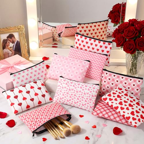 24 Pcs Valentine's Day Makeup Bags Bulk Galentine's Day Gifts for Women Canvas Cosmetic Bags with Zipper Heart Pink Stripes Plaid Wave Patterns Bag Valentine's Party Favors