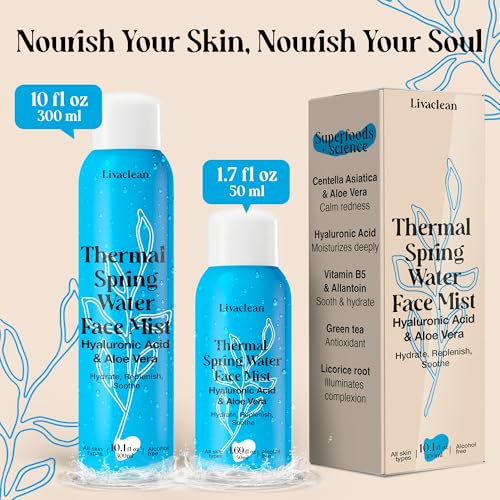 300ml + 50ml Thermal Spring Water Face Spray Mist Hydrating w/ Hyaluronic Acid & Aloe Vera - Hydrating Face Mist, Soothing & Calming, Mineral-Rich Skin Nourishment, Refreshing, 10 fl oz + 1.7 fl oz