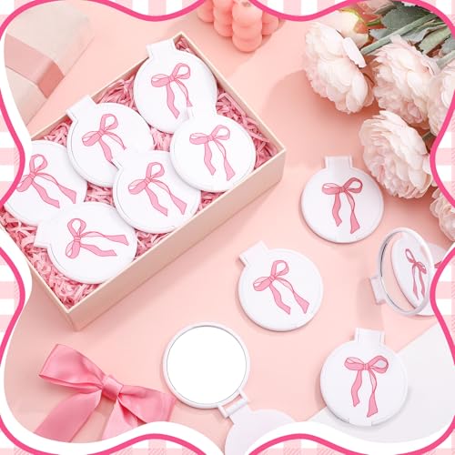 Zhehao 40 Pcs Pink Bow Coquette Mini Pocket Mirrors Compact Gifts Bulk for Women Bowknot Small Mini Round Makeup Mirrors Portable Pink Bow for Purse Women Birthday Bridal Shower Party Gift