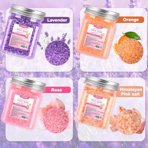 4 Pack Foot Soak Salts Kit Himalayan Pink Salt Tea Tree Oil Lavender rose Pure Epsom Salt Soak Pedicure Salt Softens Calluses & Soothes Foot Care Gifts for Mom women