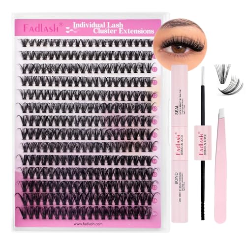 FADLASH Lash Clusters Kit 280PCS Individual Eyelash Clusters D Curl 8-16mm Eyelash Extension Kit with Lash Bond and Seal Lash Tweezer for Beginners (40D-0.07D-8-16mm KIT)