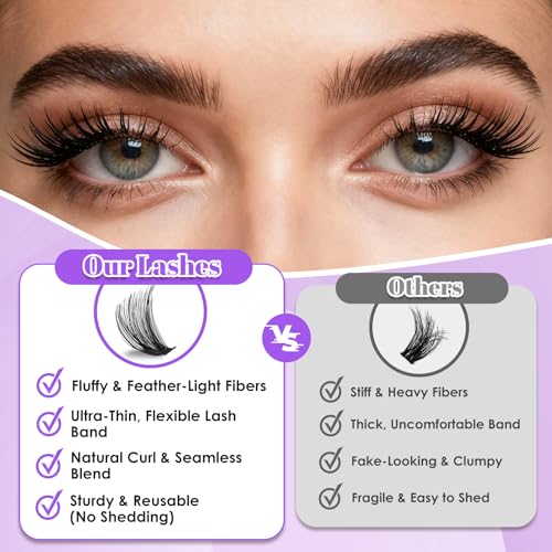Lash Clusters Kit 640pcs 30D 40D 50D 60D D Curl 9-16mm Individual Lashes Fluffy Wispy Lightweight Thin Band DIY Eyelash Extensions with Bond and Seal + Tweezers for Beginners At Home Natural Full Look